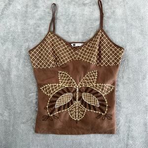 Vintage Carole Little Babydoll Top Beaded Brown Women's M 100% Linen Y2K